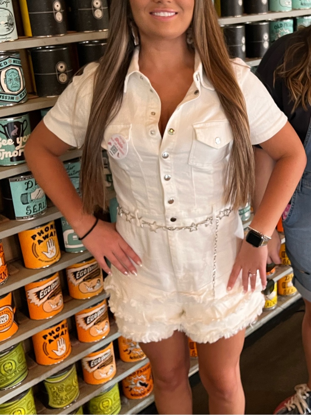 Cropped White Denim Button-Front Romper - Picture 8 of 8
